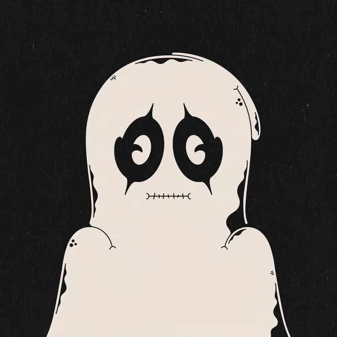 A stylized cartoon ghost figure with large black oval eyes and a stitched mouth floats against a dark background, matching the wacky, playful aesthetic of the @wacky_ville NFT cartoon art collection mentioned in the post.