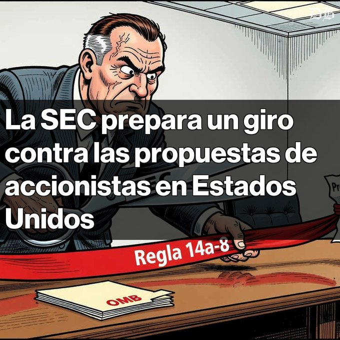 A comic-style illustration of a man in a suit pulling a red ribbon labeled 'Regla 14a-8', with Spanish text reading 'La SEC prepara un giro contra las propuestas de accionistas en Estados Unidos' and a paper marked 'OMB' on the desk.