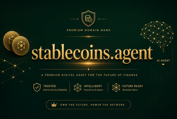 Promotional graphic for the premium domain name 'stablecoins.agent', described as a premium digital asset powered by AI agents, with icons for Trusted, Intelligent, and Future Ready.