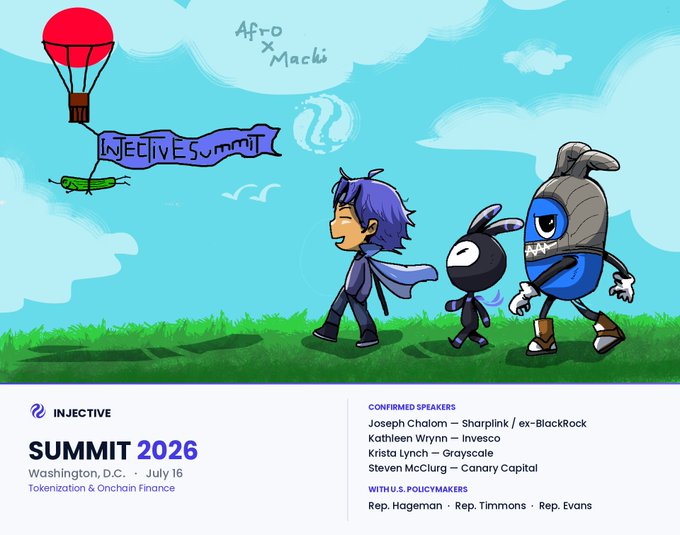 Promotional graphic for the Injective Summit 2026 in Washington, D.C. on July 16, featuring cartoon characters and a speaker list including Joseph Chalom (Sharplink/ex-BlackRock), Kathleen Wrynn (Invesco), Krista Lynch (Grayscale), and Steven McClurg (Canary Capital).