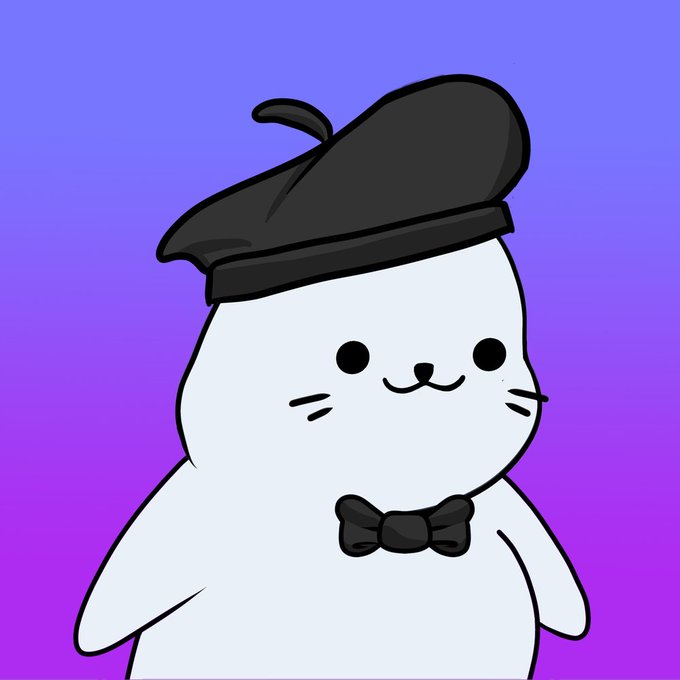 Cute white cartoon character wearing a black beret and bow tie on a purple gradient background.