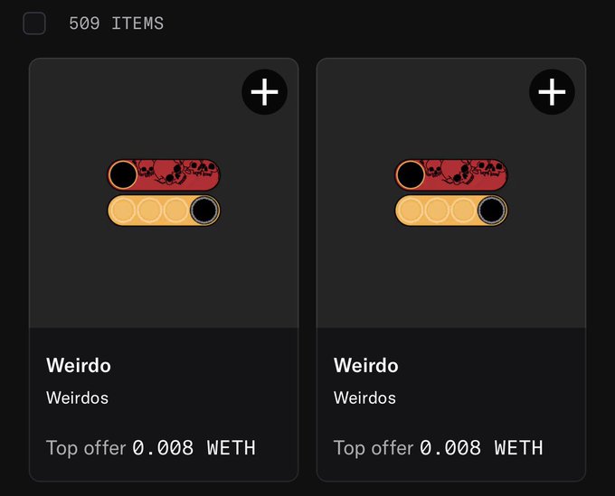 An NFT marketplace listing showing two 'Weirdo' items by 'Weirdos' with a top offer of 0.008 WETH each, displaying red and yellow loading bar graphics.