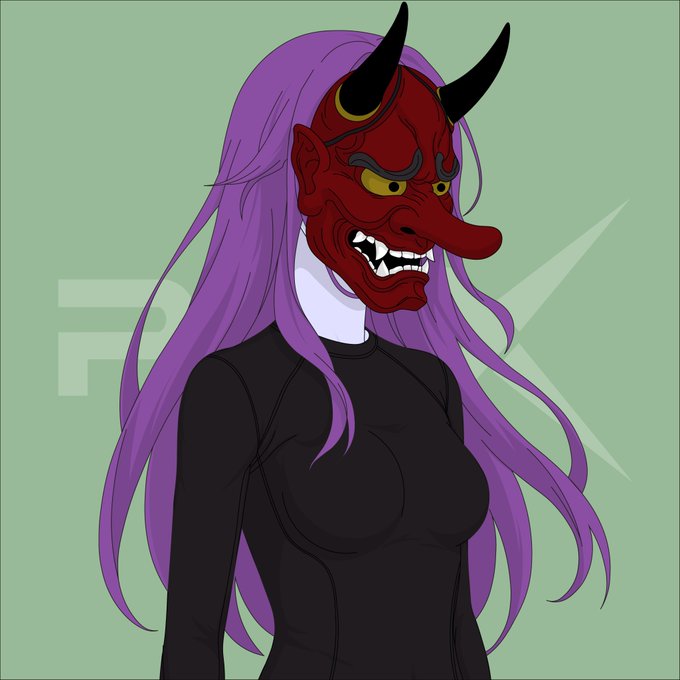 A digital illustration of a figure wearing a black long-sleeve shirt, with long purple hair and a red demon mask with horns.