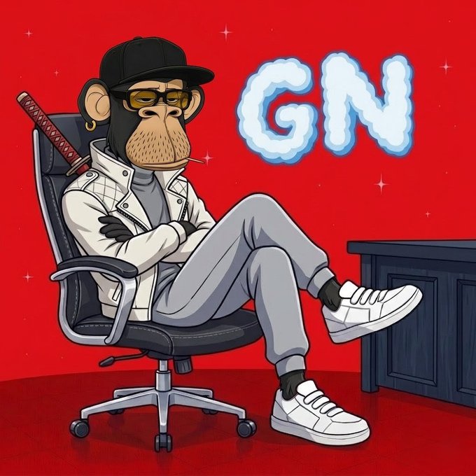 The image features a cartoon monkey sitting in an office chair, wearing a suit and tie. The monkey has sunglasses on its face and appears to be posing for a photo or drawing. The background of the image is red with white text that reads "GN". There are also some stars visible in the background.