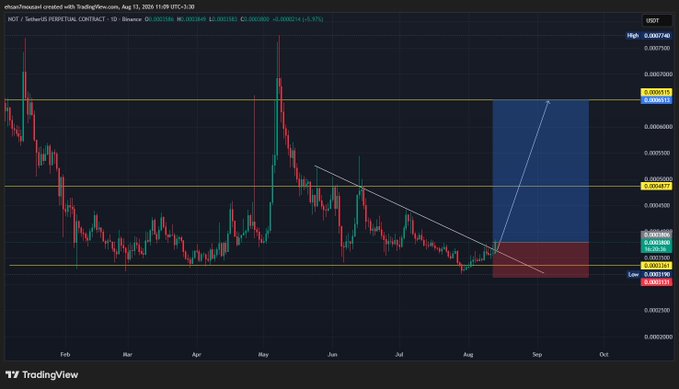 TradingView candlestick chart of HOT / TetherUS Perpetual Contract showing price action from February through October with a descending trendline and projection boxes highlighting potential upside targets.