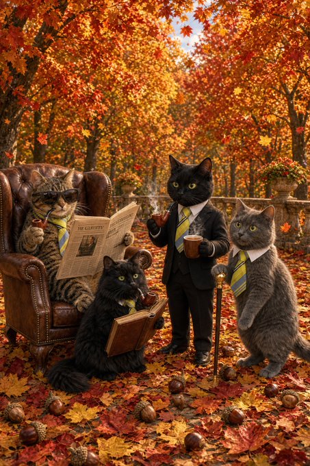 A whimsical autumn scene of four cats dressed in formal attire, including suits and ties, enjoying tea, reading a newspaper labeled 'THE GOSSIP', and smoking a pipe among fallen leaves and acorns.
