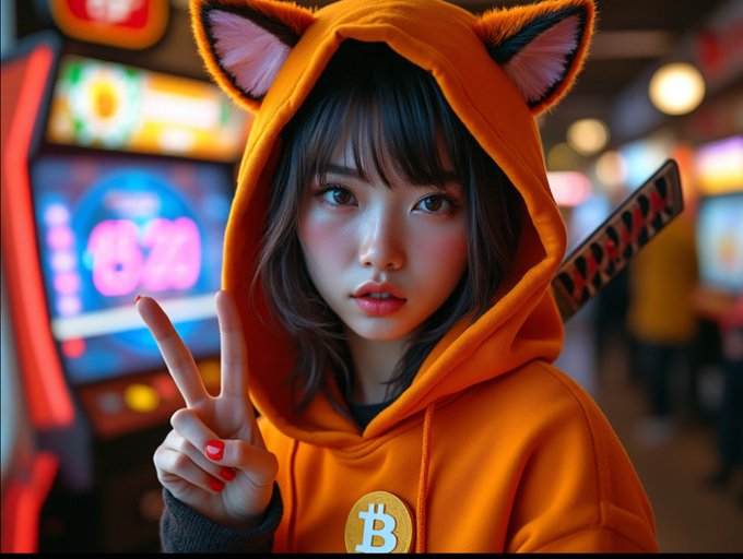 An AI-generated image of an anime-style young woman wearing an orange fox-eared hoodie with a Bitcoin logo, holding up a peace sign in an arcade setting.