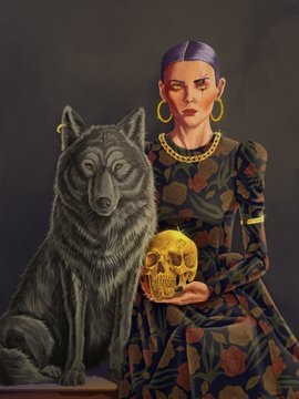 The image features a woman wearing a dress, holding a skull in her hand while sitting next to a large gray wolf. The painting has a dark color scheme with black and brown tones. The caption below the image reads "Gm Legends 'Silencespace' with some 1/1".