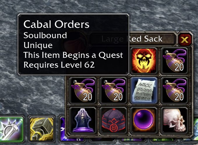 A World of Warcraft inventory screen displays a "Cabal Orders" item tooltip marked as Soulbound, Unique, and Requires Level 62, with a "Large Red Sack" containing 20-stack potions and various reagents below. The skull-adorned orders document paired with the skull icon in the inventory humorously reinforces the joke about knowing which cryptocurrency is poised to surge next, playing on the ominous "cabal" aesthetic.