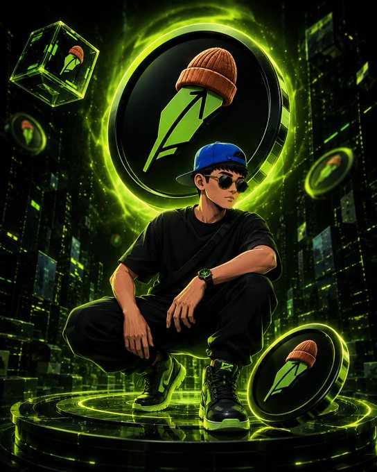 Stylized digital art of a young man in a blue cap and sunglasses squatting in a neon green cityscape, surrounded by floating coin icons featuring a pen nib and beanie hat.