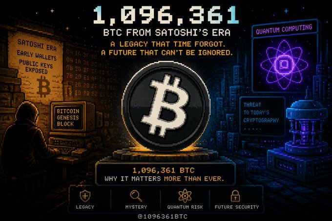 A pixel-art style infographic showing '1,096,361 BTC FROM SATOSHI'S ERA - A LEGACY THAT TIME FORGOT. A FUTURE THAT CAN'T BE IGNORED', referencing quantum computing threats to early wallet public keys, tagged @1096361BTC.