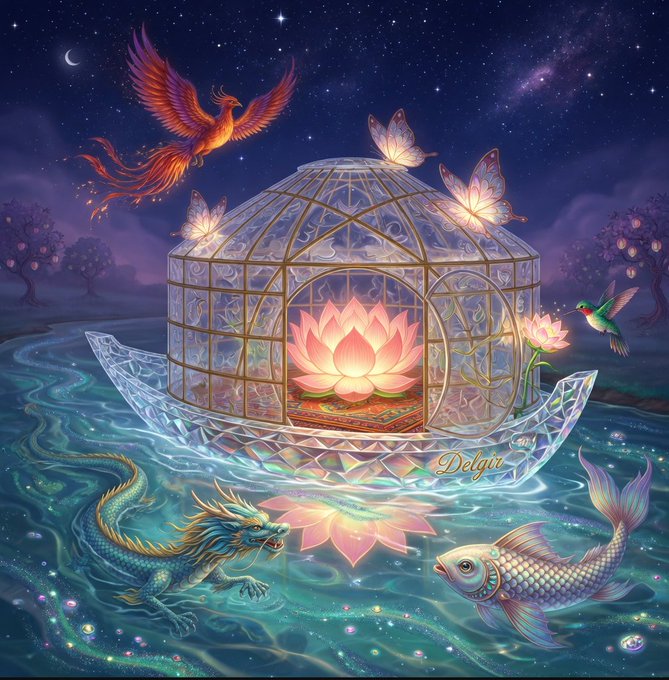 A fantasy digital artwork shows a glowing lotus inside a crystal birdcage floating on water, accompanied by a phoenix, butterflies, a hummingbird, a dragon, and a koi fish under a starry night sky, signed 'Delgin'.