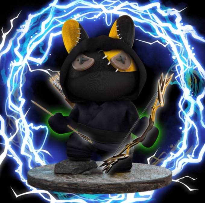 A 3D rendered figurine of a cat-like character in a black ninja hooded outfit, holding a bow and arrows, surrounded by a glowing blue electric portal.