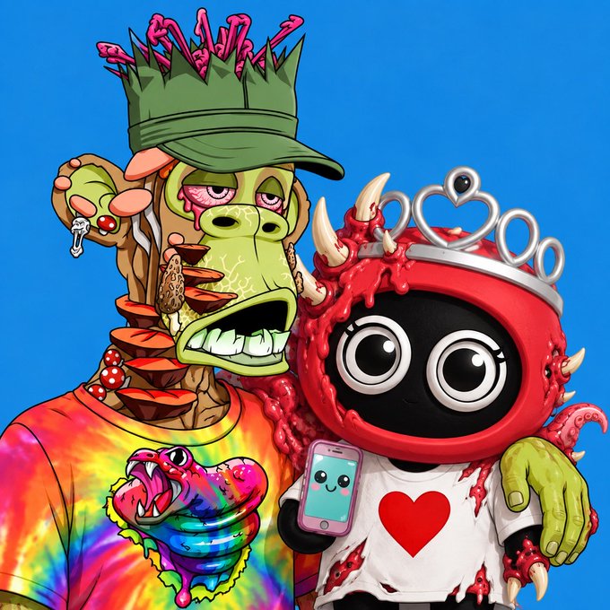 A vibrant cartoon illustration on a blue background featuring a green, zombie-like ape character wearing a spiked green crown and a tie-dye shirt with a colorful graphic, standing next to a red, hooded monster character with horns and a silver tiara wearing a white shirt with a red heart, who is holding up a pink smartphone displaying a smiling face emoji.