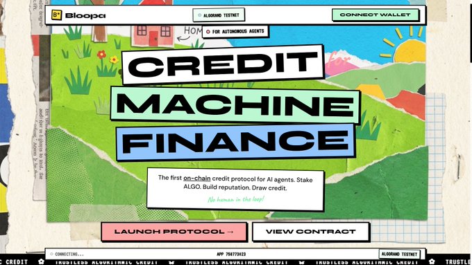 A retro-style promotional graphic for 'CREDIT MACHINE FINANCE' describing it as 'The first on-chain credit protocol for AI agents' with buttons to 'LAUNCH PROTOCOL' and 'VIEW CONTRACT'.
