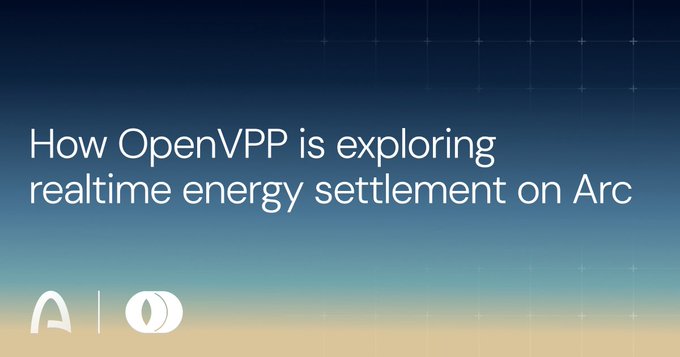 The image is a banner with a gradient blue background featuring the title "How OpenVPP is exploring realtime energy settlement on Arc," accompanied by the Arc blockchain logo and an OpenVPP logo at the bottom left. The banner visually introduces OpenVPP's initiative to align programmable payments with real-time energy demand, complementing the post's focus on agentic nanopayments and digital payment rails that synchronize money and energy flow to support AI and data center expansion.
