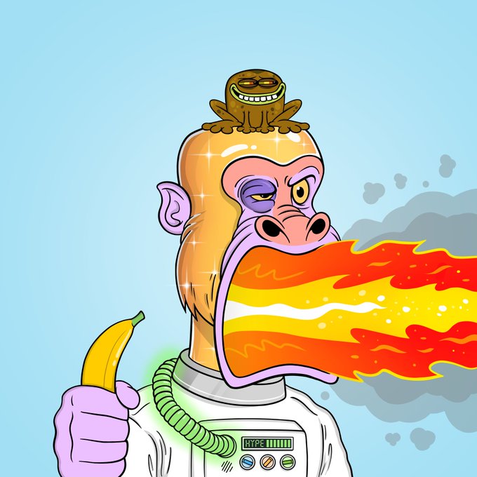 A cartoon illustration of a monkey astronaut wearing a spacesuit, holding a banana, with flames shooting from its mouth and a small frog companion on its head.