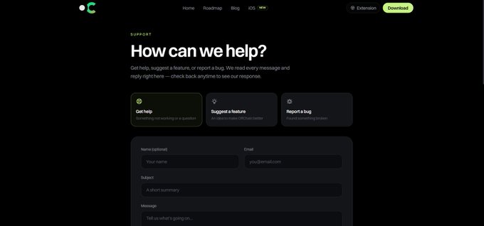 A dark-themed support webpage with the heading 'How can we help?' and three categories: Get help, Suggest a feature, and Report a bug, along with a contact form.