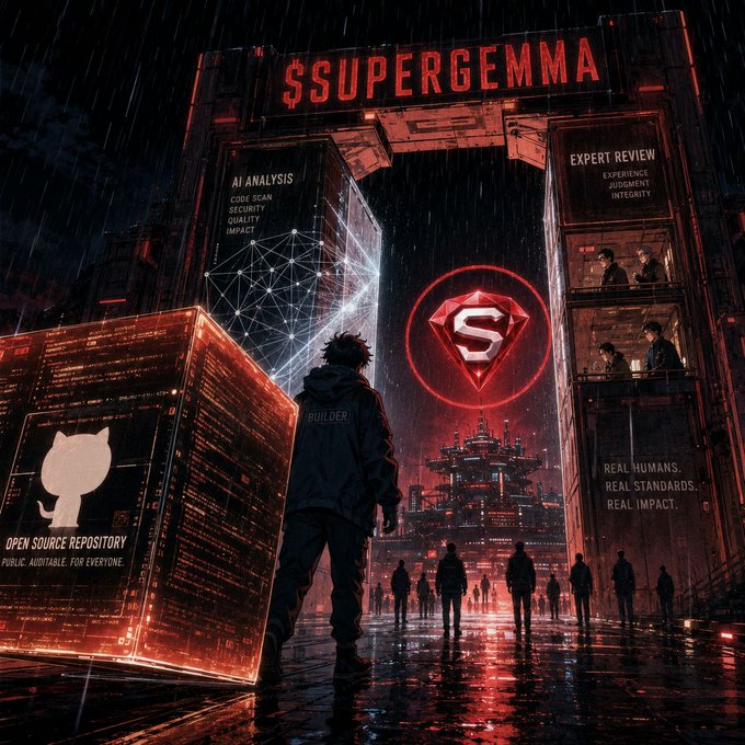 Cyberpunk-style digital art featuring the '$SUPERGEMMA' logo, an AI analysis interface, and a 'PUBLIC. AUDITABLE. FOR EVERYONE.' tagline.