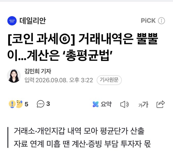 A screenshot of a Dailyian news article titled "[Coin and Tax ⑥] Transaction records scattered across exchanges... Calculation uses 'Total Average Method'" by reporter Kim Min-hee, dated September 8, 2026, explaining that crypto investors must gather transaction records from exchanges and personal wallets to calculate average acquisition prices, with the burden of proof falling on investors when data linkage is insufficient.