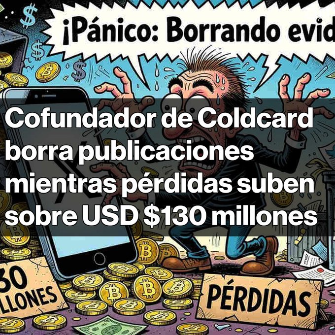 A panicked cartoon character sweats profusely amid scattered Bitcoin coins and a sign reading "PÉRDIDAS," with a Spanish headline stating "¡Pánico: Borrando evidencia" and overlay text reading "Cofundador de Coldcard borra publicaciones mientras pérdidas suben sobre USD $130 millones." The image illustrates the alleged scandal surrounding Coldcard co-founder NVK deleting posts as losses from entropy vulnerabilities exceed $130 million.