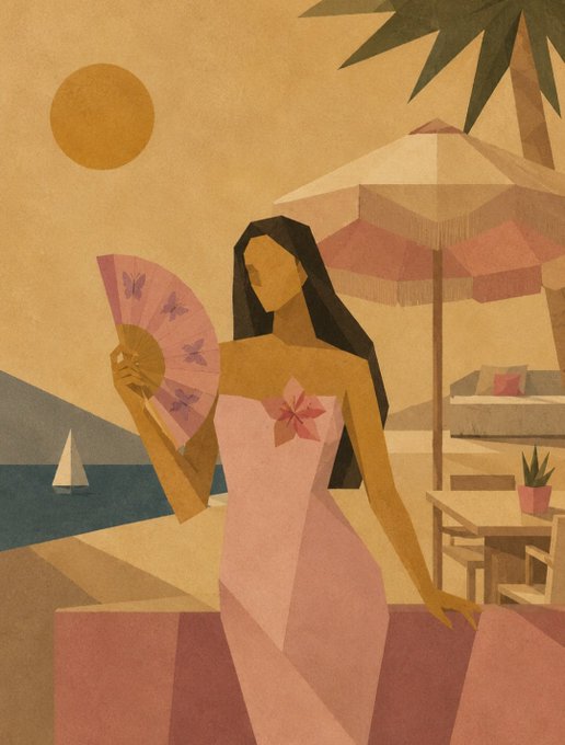 A stylized illustration of a woman holding a pink butterfly-decorated fan, wearing a pink dress, set against a warm-toned beach scene with a sun, sailboat, palm tree, and umbrella.