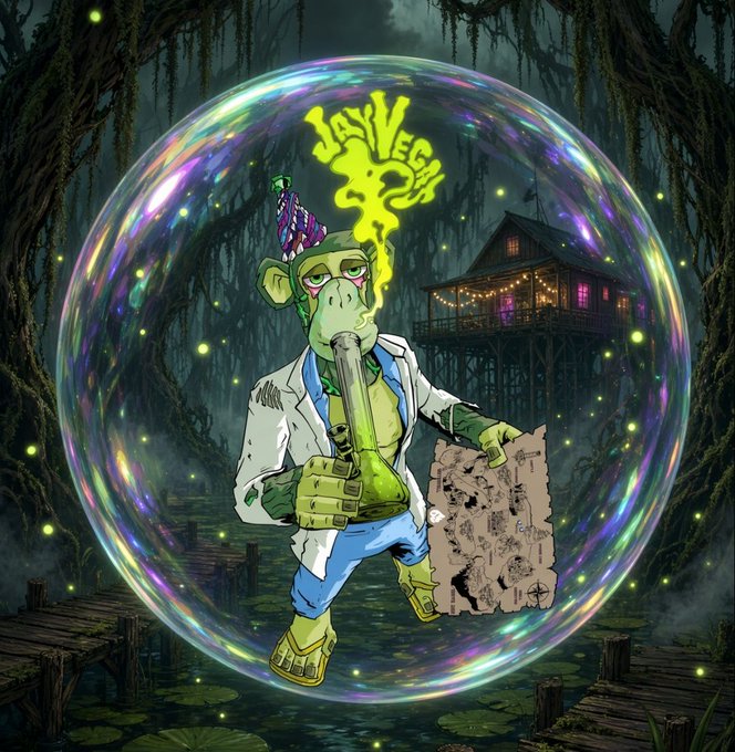 A digital illustration features a green monkey character wearing a lab coat and a party hat, smoking a cigar and holding a scroll, encased in a large iridescent bubble with "JAY VEGA" text in a swampy bayou setting.
