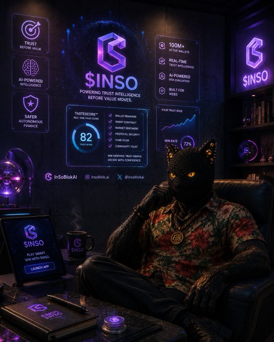 A futuristic promotional poster for '$INSO,' a 'Trust Before Value Moves' web3 project, featuring an anthropomorphic panther-headed character in a Hawaiian shirt, with metrics like '100M+ ACTIVE WALLETS' and an 82 'TASTESCORE,' along with social handles for 'insobiokAI.'