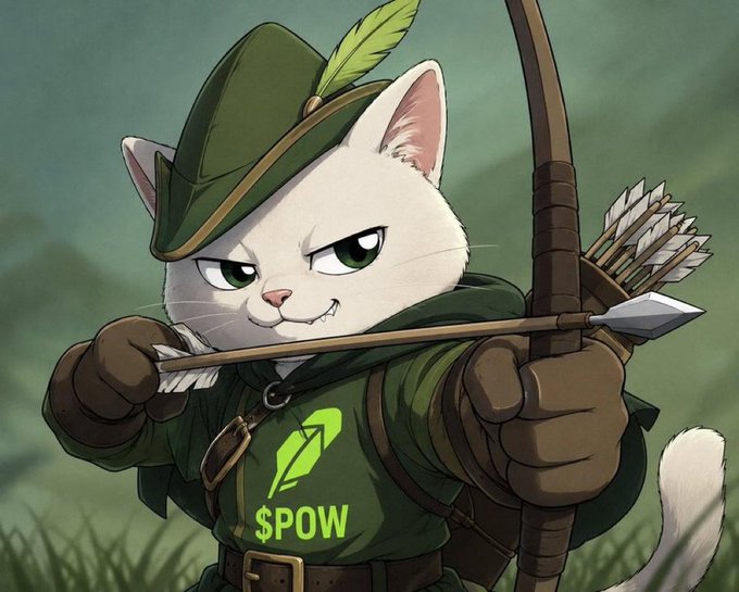 An anthropomorphic white cat dressed as a green-clad archer takes aim with a drawn bow and arrow, featuring a Robinhood-style logo and "$POW" text on its chest. The image visually reinforces the post's message about $POW's stealth, disciplined approach and growing presence on Robinhood, with the focused archer symbolizing the project steadily building momentum before broader market recognition.