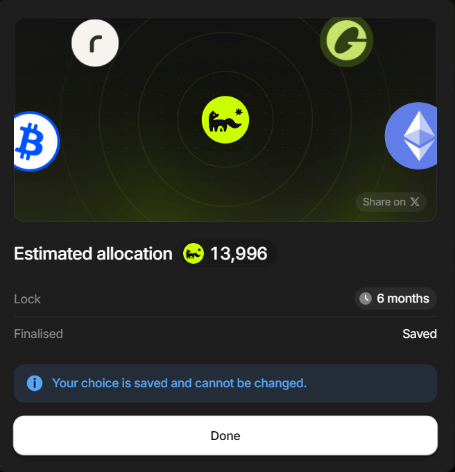 A cryptocurrency allocation screen with logos for Bitcoin, Ethereum, and others arranged around a central green cat icon, showing an estimated allocation of 13,996 with a 6-month lock period and confirmation that the choice is saved.