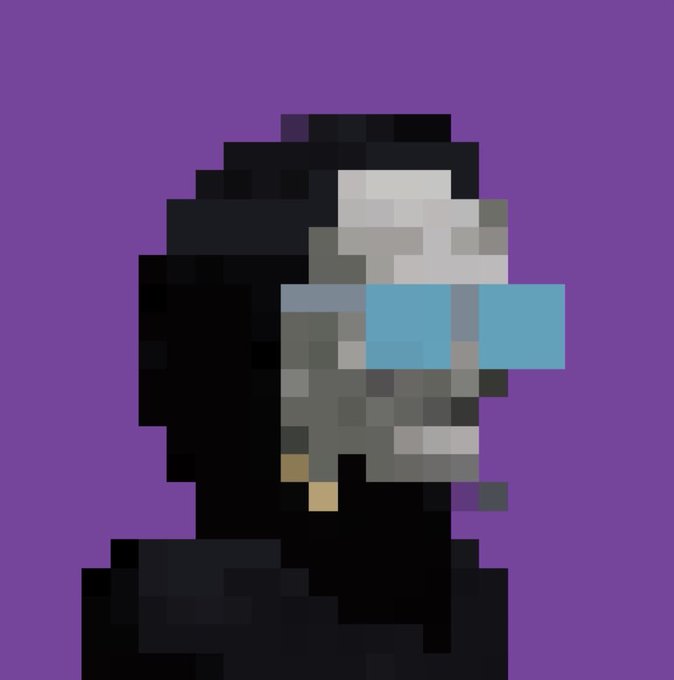 A pixel art portrait with a hooded figure wearing light blue sunglasses against a purple background, serving as the PFP for @lphaCentauriKid, the NFT project mentioned in the post.