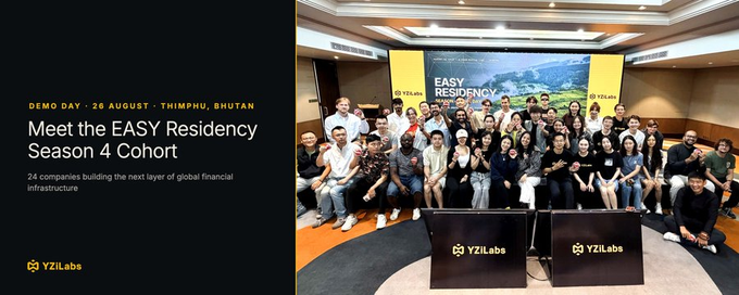 A promotional banner reads "DEMO DAY · 26 AUGUST · THIMPHU, BHUTAN Meet the EASY Residency Season 4 Cohort" by YZiLabs, alongside a group photo of participants at the event.