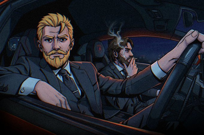 Two suited men ride in a car, one at the wheel and the other smoking a cigar, depicted in a stylized, noir-comic art style that fits the exclusive, high-roller vibe of the "Degen's Casino" collaboration announcement. The confident, secretive demeanor of the characters reinforces the "invitation-only" tone of the closed partnership.