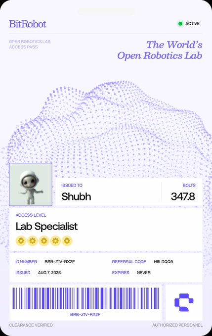 A digital access pass from BitRobot's "The World's Open Robotics Lab" displaying "Lab Specialist" status with 3478 bolts, issued to "Shubh" with ID BRB-ZN-RXZF, valid since August 7, 2026, directly illustrating their achievement of Lab Specialist rank mentioned in the post.