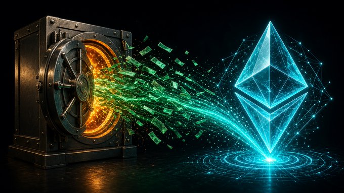 A digital artwork depicting a metal vault on the left with glowing orange rings, releasing a stream of green digital money toward a glowing blue wireframe Ethereum logo on the right.