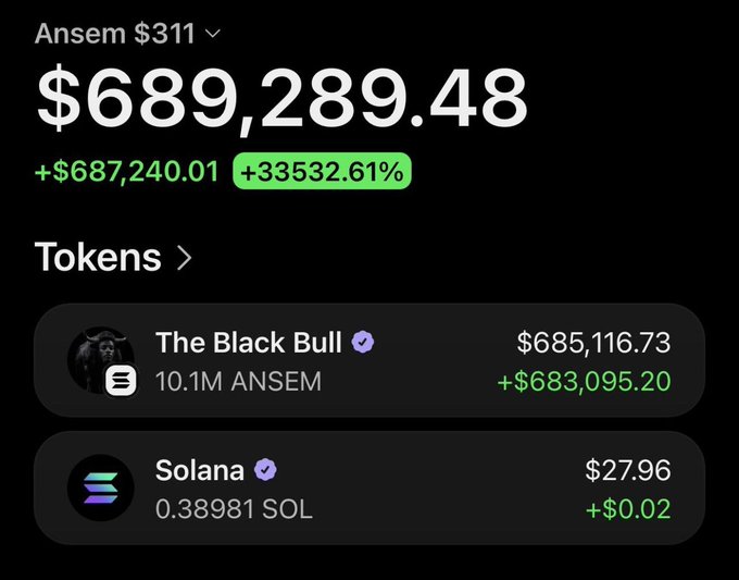 A crypto portfolio screenshot shows an account 'Ansem' with a balance of $689,289.48, up +33532.61%, holding primarily 'The Black Bull' token (10.1M ANSEM, valued at $685,116.73) and a small amount of Solana.