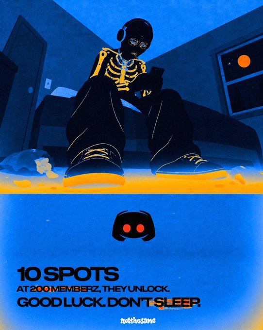 A blue-and-orange illustration shows a skull-faced figure in a black-and-yellow outfit sitting on a bed, with the Discord logo and text reading “10 SPOTS,” “AT 200 MEMBERZ THEY UNLOCK,” and “GOOD LUCK. DON’T SLEEP.” It promotes the NBS/“15 AL PHASE II SPOTZ” giveaway: 10 spots through Discord, 5 exclusive to Telegram, draw Sep 11 at 2 PM ET / 6 PM UTC, with winners minting Sep 14.