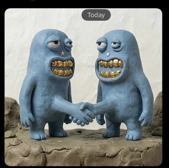 Two blue, grumpy-looking clay figures with gold teeth shake hands, in an image labeled 'Today' at the top.