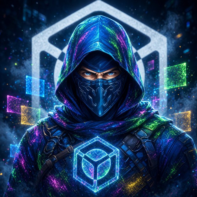 A digital artwork featuring a hooded, masked figure with a galaxy-like texture in blue, green, and pink hues, set against a dark background with floating holographic cubes and a geometric emblem.