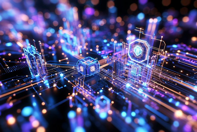 An abstract digital art piece featuring glowing blue and purple circuit-like structures with a central hexagon displaying a Bitcoin 'B' symbol, representing cryptocurrency and blockchain technology.