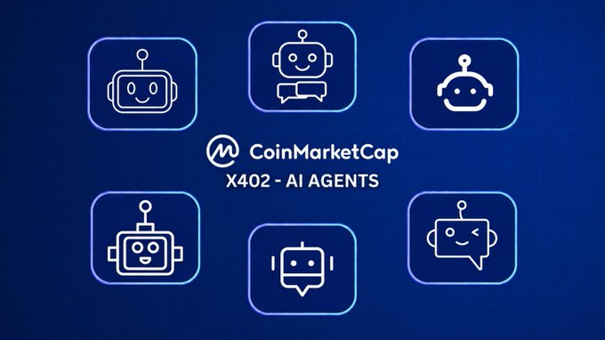 A promotional graphic for CoinMarketCap featuring five robot/chatbot icons arranged around the central text "Latent Space" logo, alongside the text "CoinMarketCap x402 for AI Agents," visually illustrating the concept of AI agents making automated data requests without traditional API barriers. The design reinforces the message about enabling machine autonomy through pay-per-request data access.
