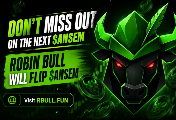 The image is a bold promotional graphic featuring a menacing green robotic bull with glowing red eyes, surrounded by floating bull-emblazoned coins. It displays the text "DON'T MISS OUT ON THE NEXT $ANSEM — ROBIN BULL WILL FLIP $ANSEM" along with a call-to-action reading "Visit RBULL.FUN," directly reinforcing the post's pitch for the $RBULL token as the next big meme coin opportunity.