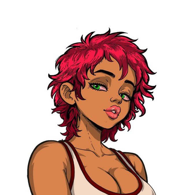 A digital illustration of a woman with curly red hair, green eyes, and a white tank top with red trim.