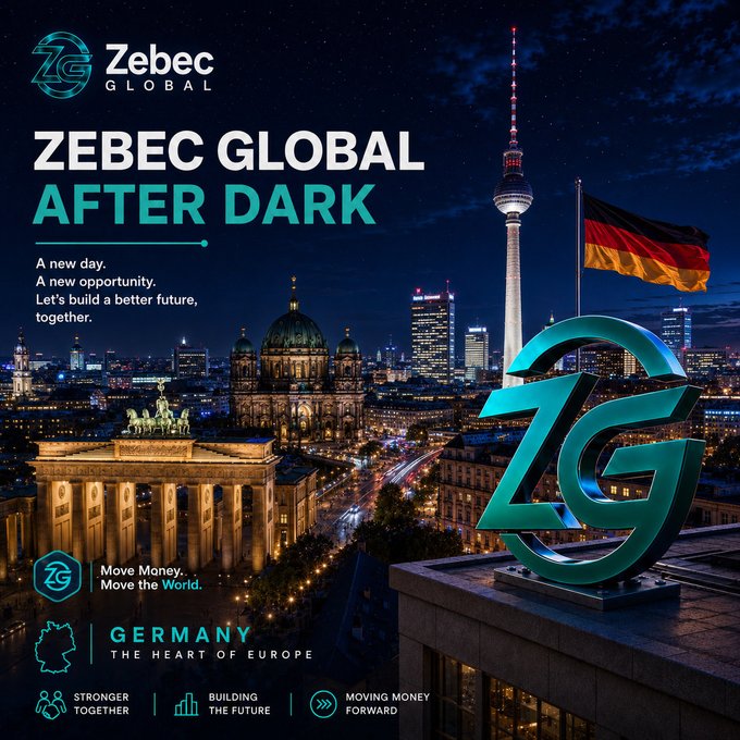 A promotional graphic for 'Zebec Global After Dark' featuring the Berlin skyline with the TV tower, Brandenburg Gate, and German flag, with the tagline 'GERMANY - THE HEART OF EUROPE' and 'Move Money. Move the World.'