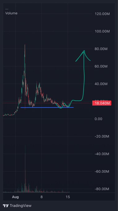 A TradingView chart displays $CATE's price action through mid-August with a massive volume spike reaching ~80M and a recent upward reversal highlighted by a blue support line, supporting the post's claim of an emerging "reversal slingshot" toward new all-time highs.