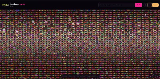 A dark-themed website or app interface for 'rare.tradoor.cards' showing a dense grid of hundreds of small colorful pixel art character thumbnails.