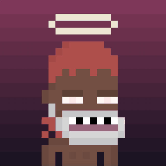A pixel art character with brown skin, a red head covering, and a white skeletal mask against a purple striped background, with a halo hovering above.
