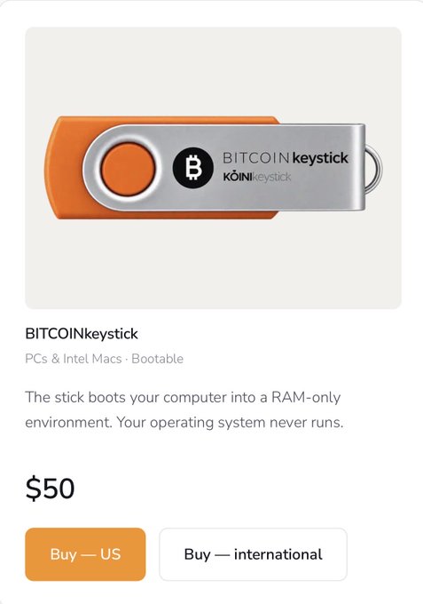 Product page for a 'BITCOIN keystick' by KÖINI priced at $50, described as a bootable USB stick for PCs & Intel Macs that boots your computer into a RAM-only environment where the operating system never runs, with 'Buy — US' and 'Buy — international' options.
