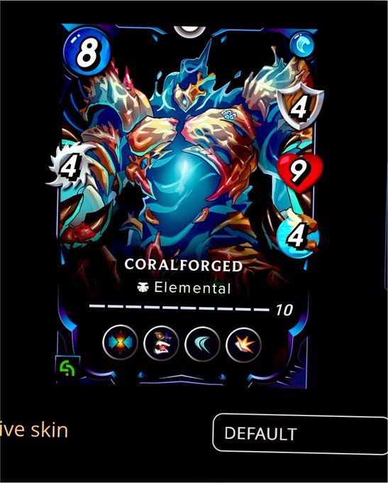 Screenshot from a video game (Legends of Runeterra) showing the card 'Coralforged,' an Elemental card with stats 8/4/4/9/4 and 10 health.