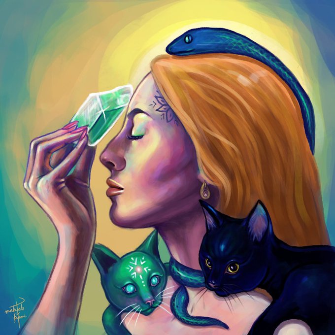 A colorful digital painting of a woman with red hair and face markings holding a green gem, accompanied by a snake, a green cat, and a black cat, signed by the artist.